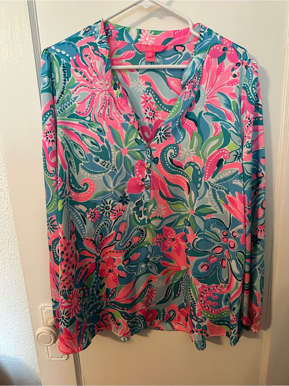 Lilly Pulitzer Pink Teal Green Floral V-Neck Blouse